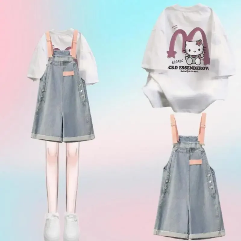 Костюм HelloKitty Miniso для девушек женская джинсовая Футболка с вырезами в виде кошки