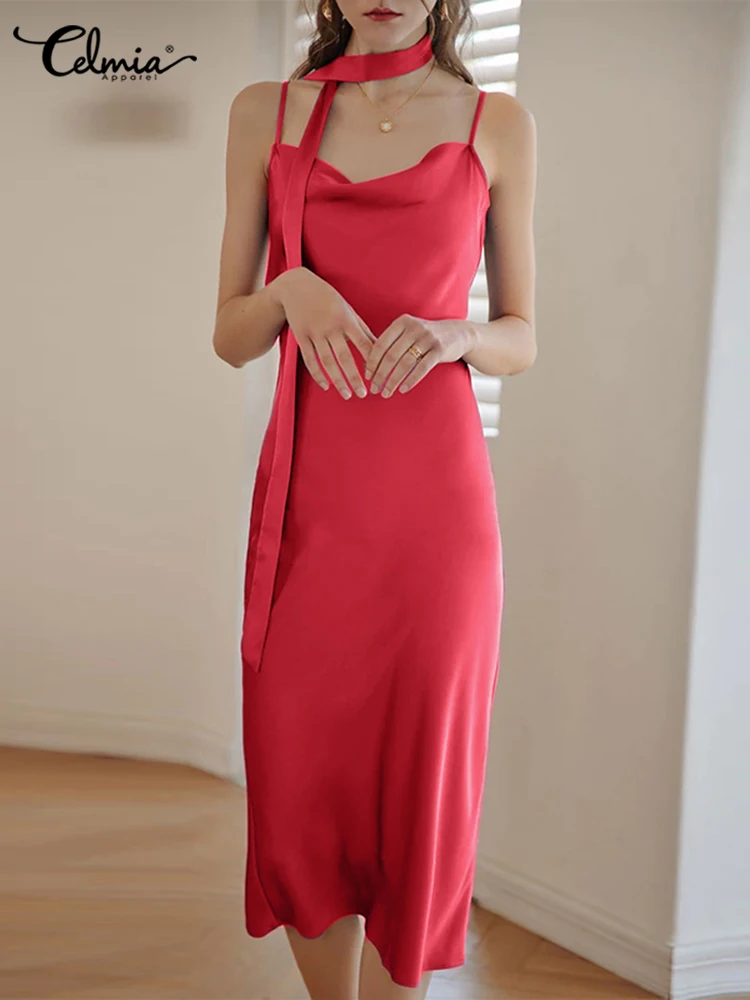 

Celmia Satin Slim Knee-length Dress Sexy Spaghetti Straps Cowl neck Elegant 2022 Summer Vestidos Women Sleeveless Party Robes