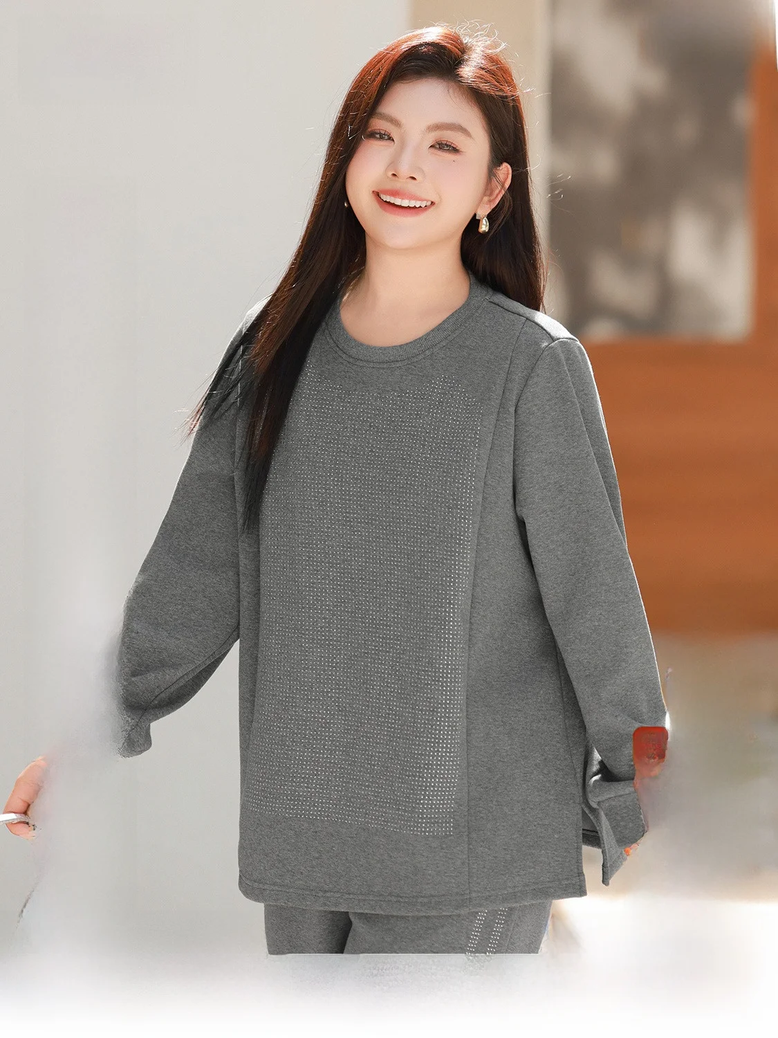 Плюс размер [Heavy Industry Hot Drilling Thick Silver Fox Velvet Hoodie Set] Женская одежда больших размеров