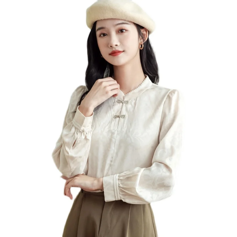 2022 китайский стиль Улучшенная пластина Кнопка Длинный Рукав Рубашка Женский