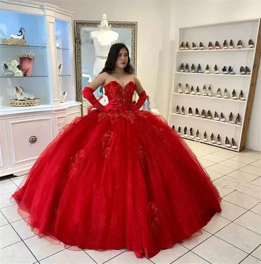 

15 Party Sexy Red Ball Gown Quinceanera Dresses Strapless 3D Flower Design Tulle Formal Cinderella Birthday HOT