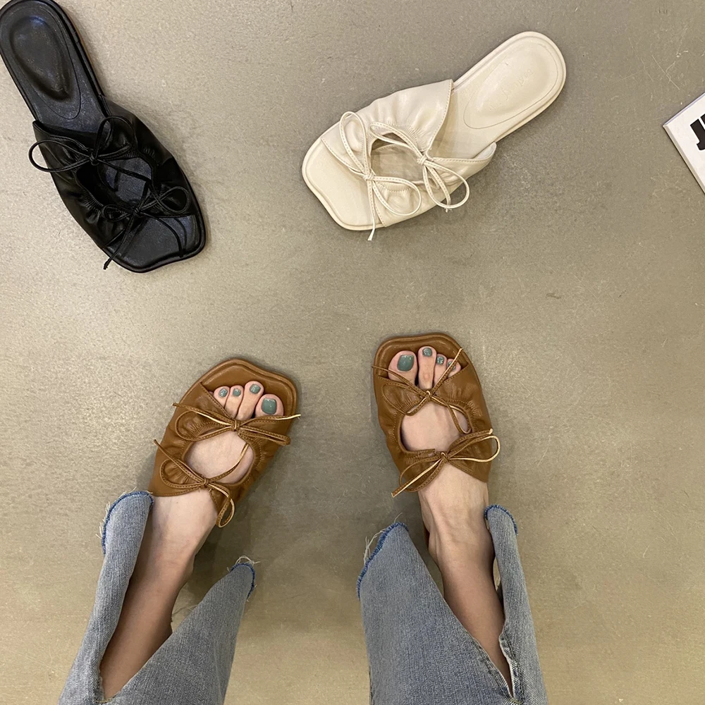 

Flat Shoes Female Butterfly-Knot Woman's Slippers Slides 2022 Beach Soft Scandals Butterfly-knot Basic Rubber Casual Retro PU