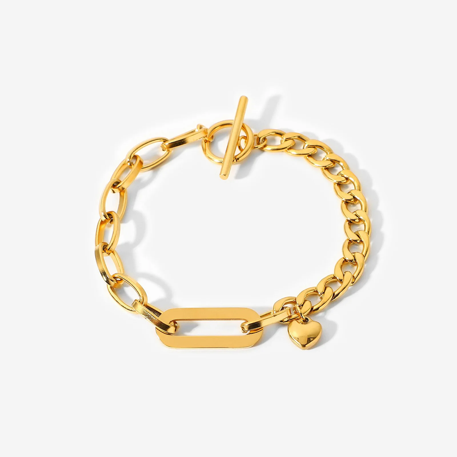 

Punk Asymmetric Chain Bracelet Stainless Steel, Curb Link Toggle Clasp Women Wristband Gold Color