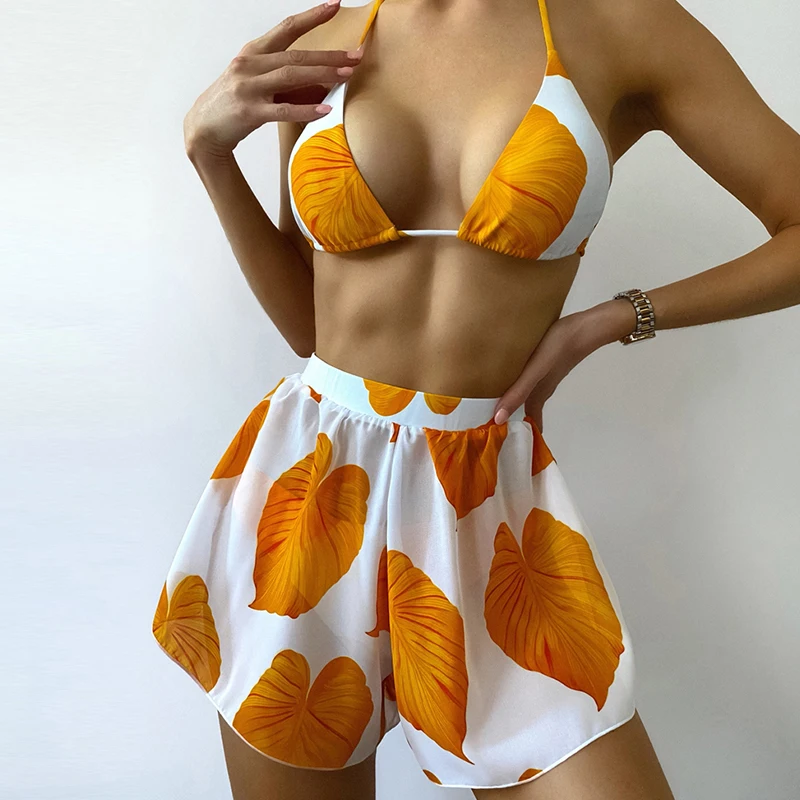 

New Leaf Print Three Piece Bikini Swimwear Sexy Halter Lace-up Biquini With High Waist Shorts Suit Summer Beachwear Bathing Suit
