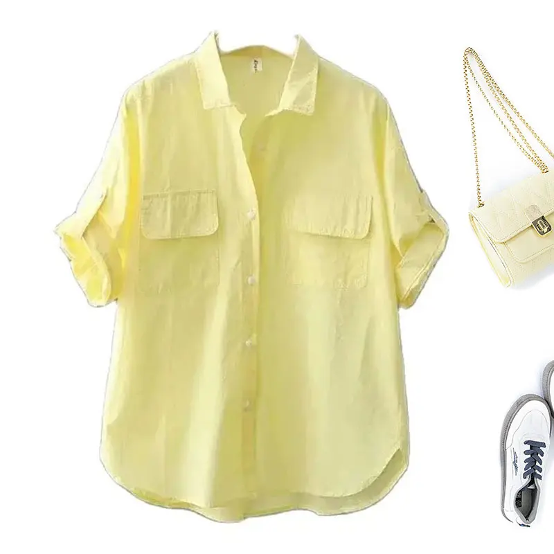 Желтая Однотонная Хлопковая Повседневная Женская Рубашка С Коротким Рукавом И
