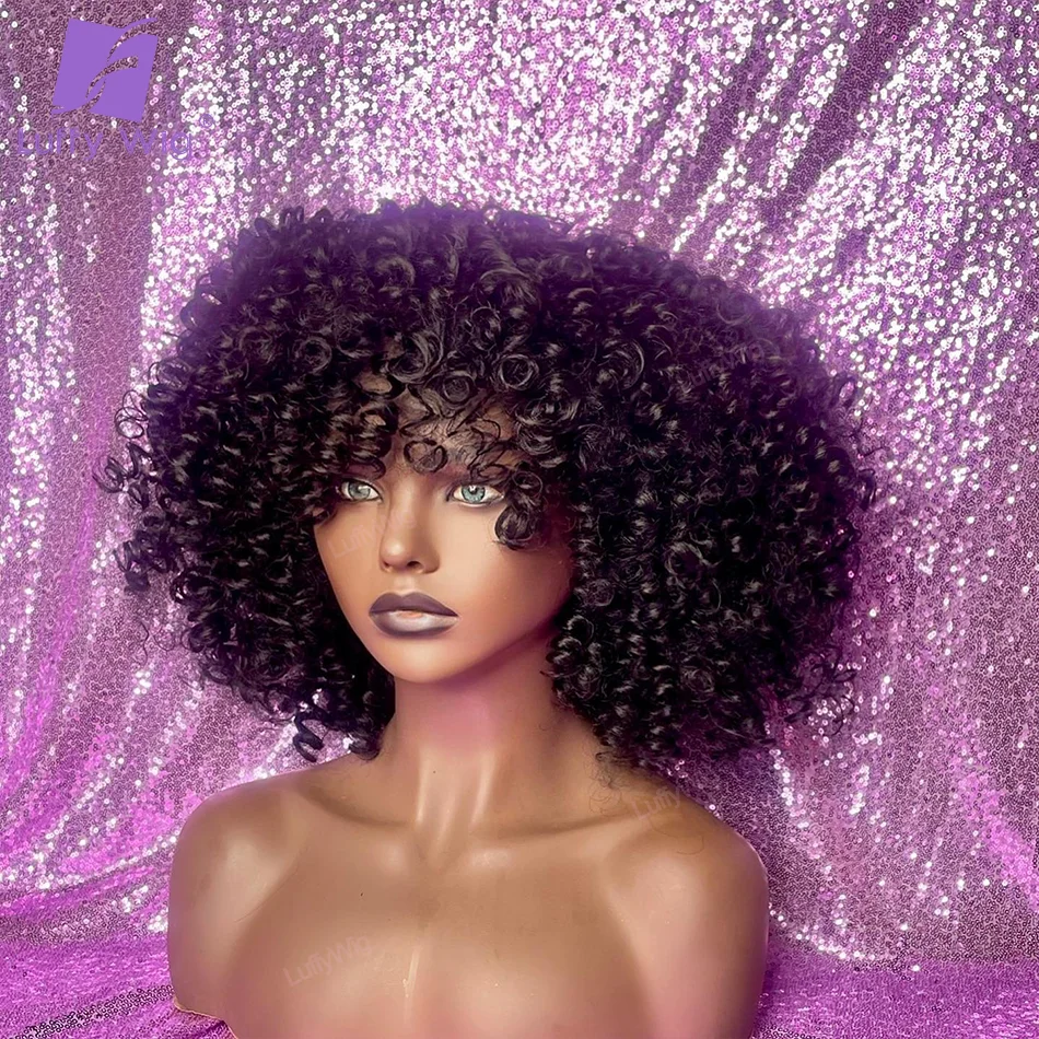 Short Bob Rose Curly Wig With Bangs No Lace Human Hair Remy Brazilian Glueless Wigs Full Machine Made Pixie Cut Wig