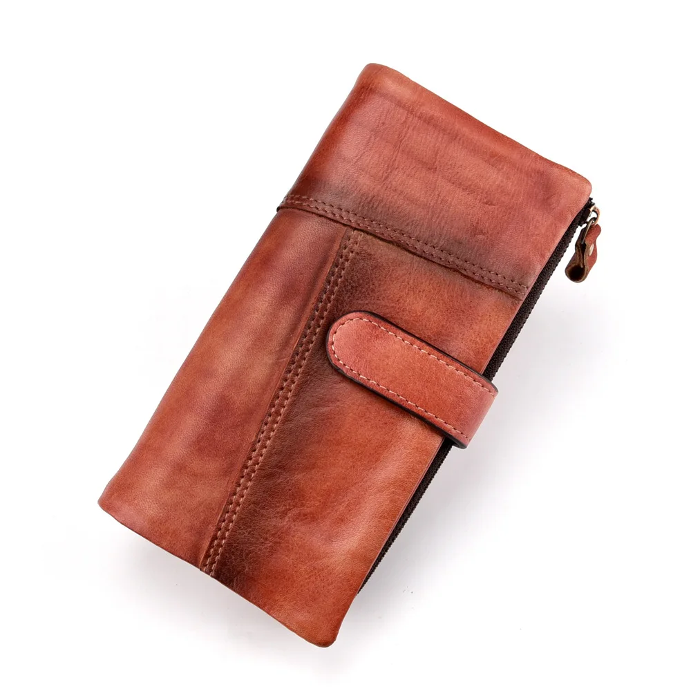 New Vintage Brushed Cowhide Long Leather Wallet With RIFD Function For Man Fashion Splicing Money Bag  With Card Clips