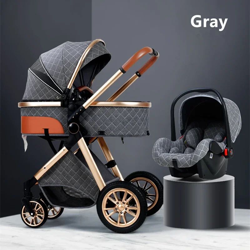 

2023 Luxury Baby Stroller 3 in 1 Infant Stroller Set Portable Reversible High Landscape Baby Carriage Trolley Travel Pram 6Gifts
