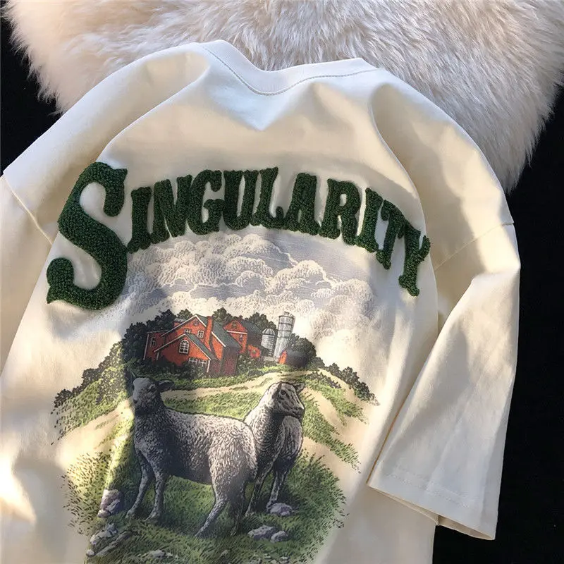 

DAYIFUN Retro Letter Flocking American Farm Graphic T-shirt Female Summer 100% Cotton Short Sleeve Top Fashion Women Blouse 2022