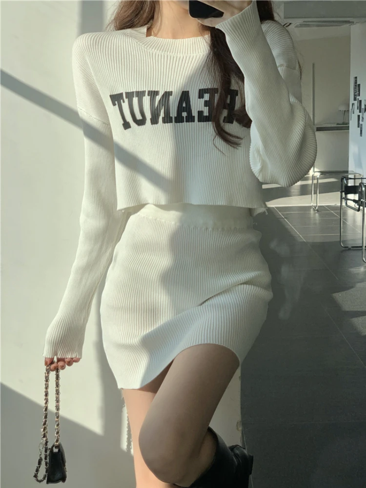 

Женский Повседневный Трикотажный костюм, облегающий костюм из двух предметов, короткий свитер с надписью в Корейском стиле, весна-осень