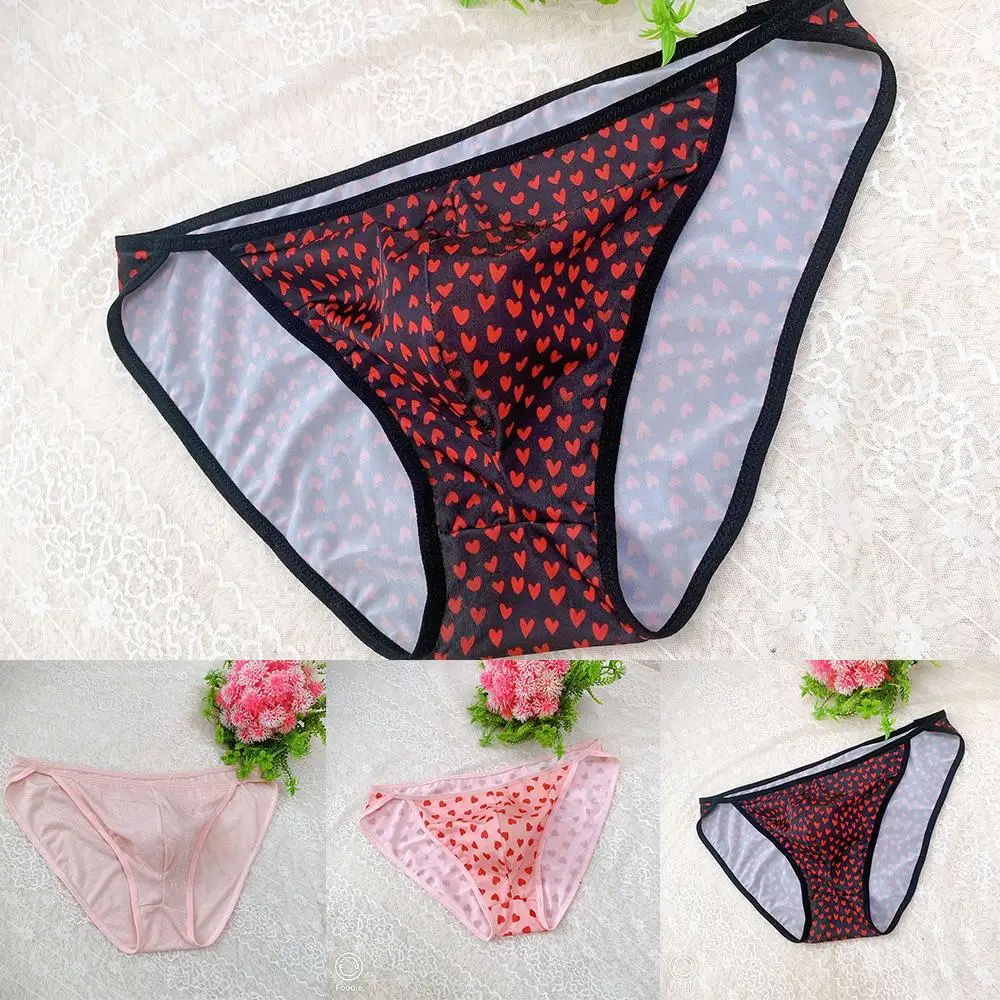 Underwear Men Sexy Hearts Print Ice Silk Bulge Pouch Briefs Bikini Lingerie Tanga Slip Low Waist Underpants Calzoncillos Hombre