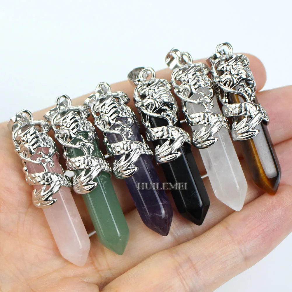 6pcs/lot Mixed Natural Stone Hexagonal Pointed Dragon Pendants Reiki Chakra Healing Gemstone for Diy Necklace Jewelry Making