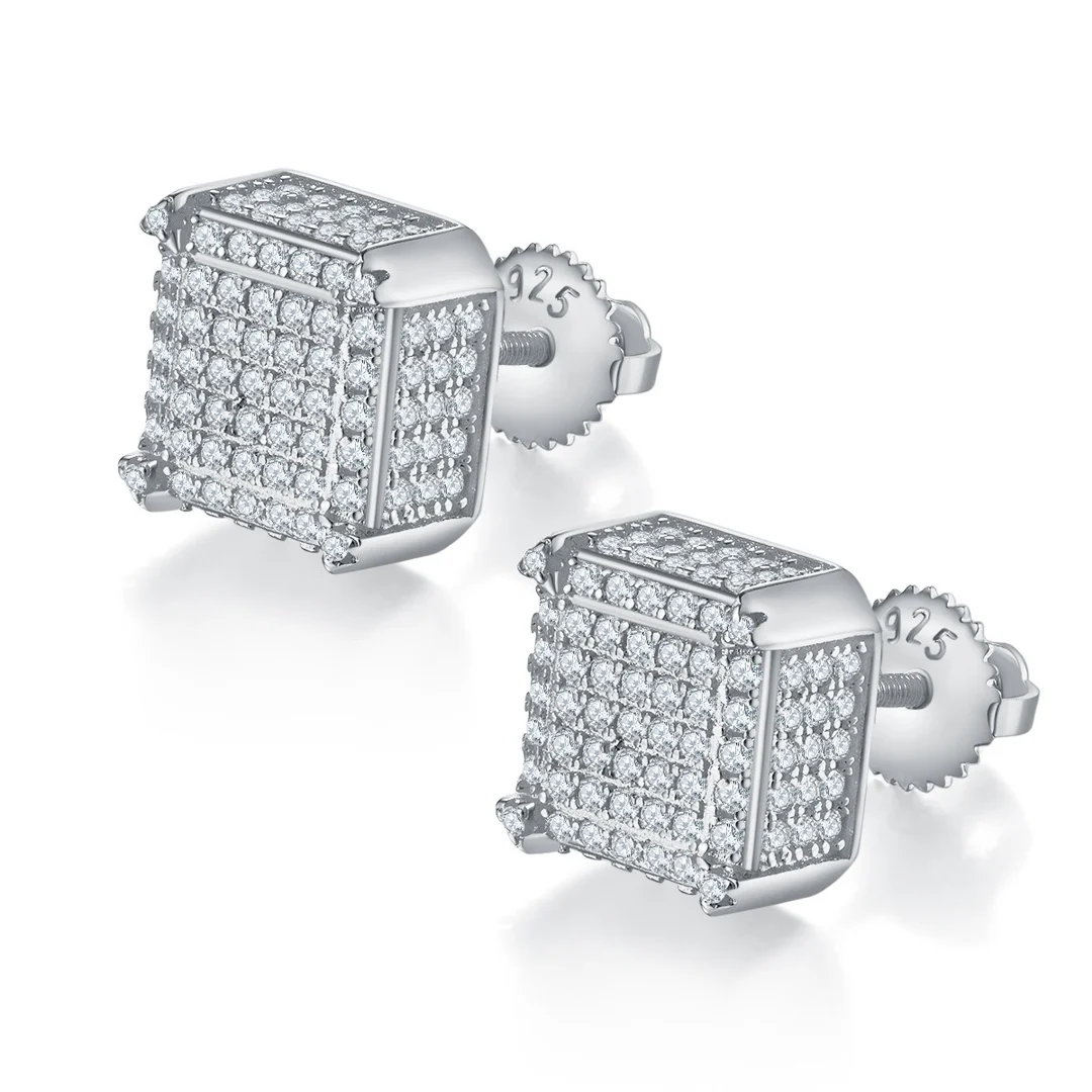 

Hip hop 1.05ct moissanites diamonds square earring jewelry vvs diamond cube silver screw back stud moissanite earrings men 925
