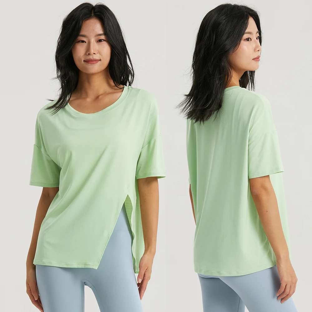 

Yoga Shirts Gym Women Cool Yarn Sports Top Short Sleeve Women Round Neck Yoga Blouse T-shirt Split Sides Workout Gym Sportswear