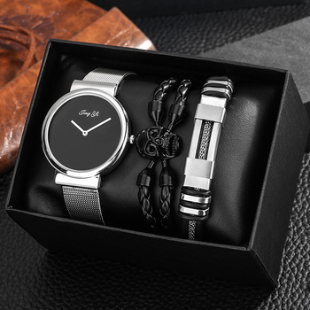 3PCS Men Watch Minimalist Ultra Thin Fashion Simple Black Quartz Watch Bracelet Set Gift for Male Wristwatch Free Shipping Reloj-36865
