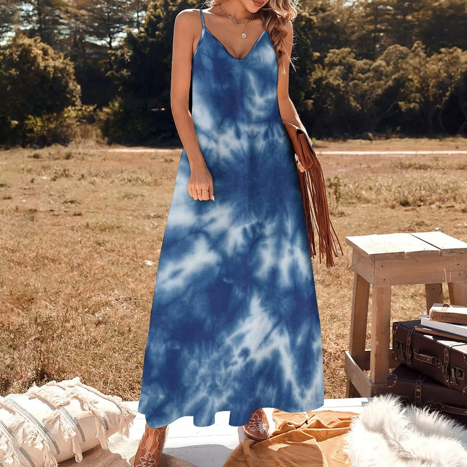 Синий батик Tie Dye Shibori этническое текстильное платье без рукавов с художественным