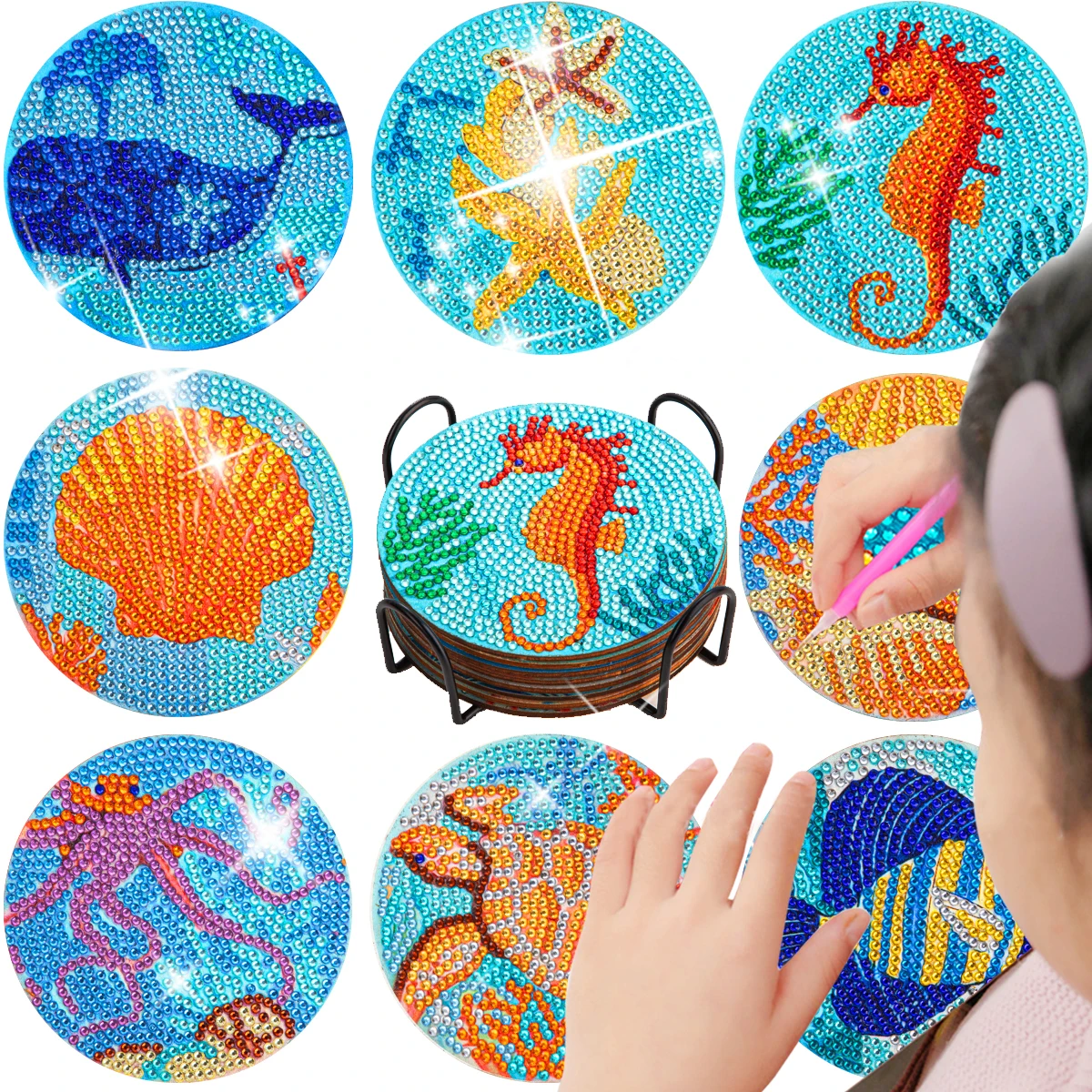 

8pcs DIY Diamond Painting Coasters Stackable Crystal Drink Coasters Creative Spot Drill Coaster with Holder Table Home Decor