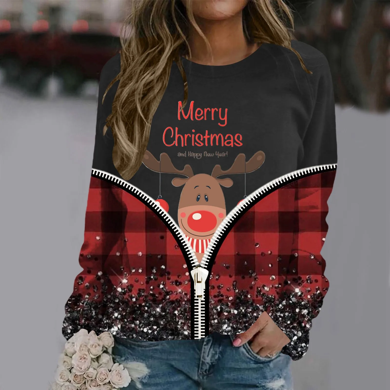 

Женская толстовка на молнии с цветочным принтом и круглым вырезом