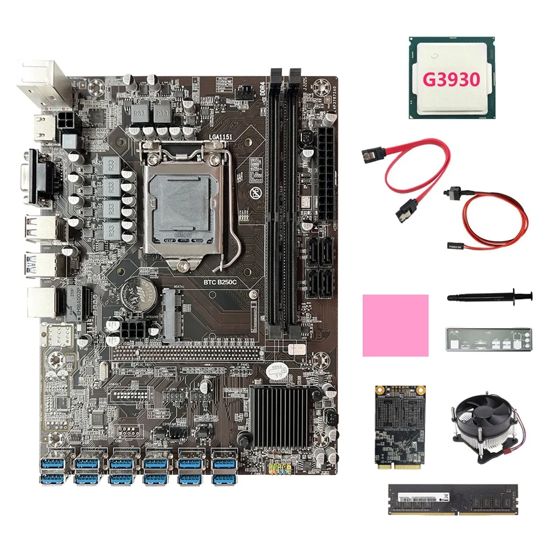 

B250C 12USB ETH Miner Motherboard+G3930 CPU+128G SSD+DDR4 8GB RAM+Fan+SATA Cable+Switch Cable+Thermal Grease+Baffle