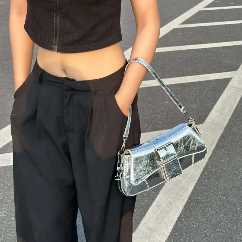 Korean Bag for Women PU Leather Chic Silver Shoulder Armpit Bag 2023 Fashion Ladies Party Purses and Handbags All Match Bolsas