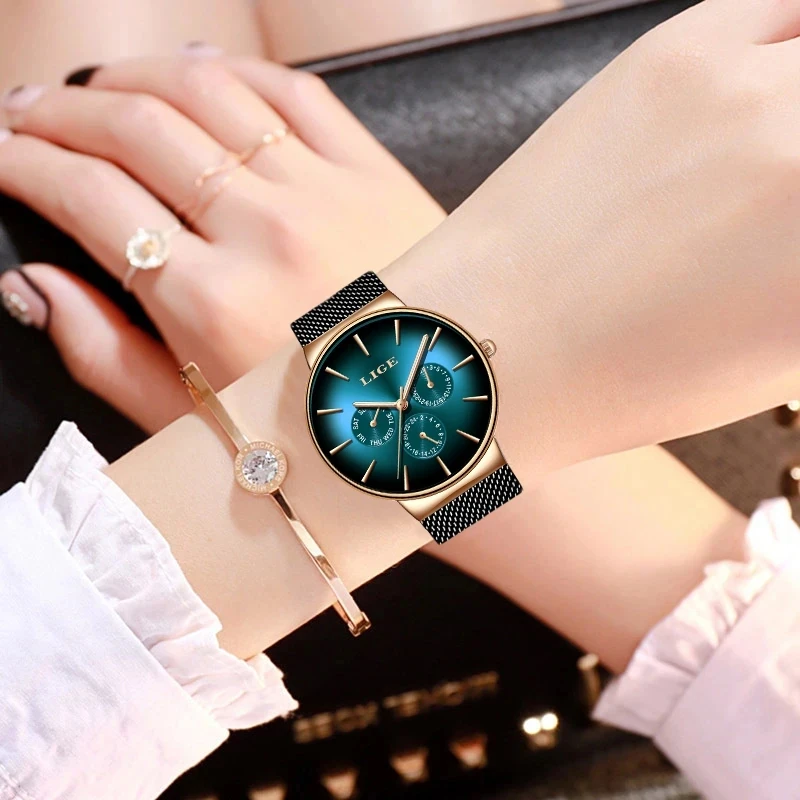 LIGE New Watch for Women Wrist Watches Fashion Stainless Steel Brand Watches Ladies Quartz Watch Date Week Clock Reloj Mujer+Box