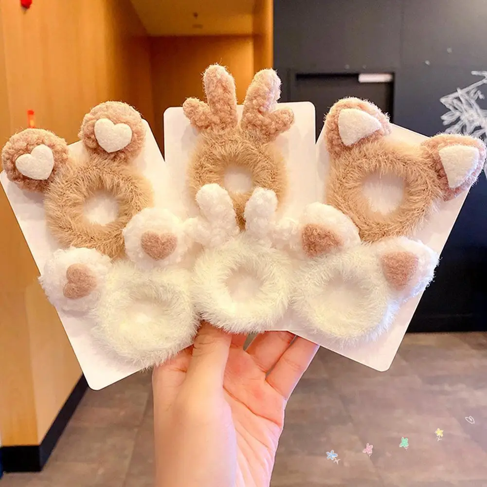 

2Pcs Women Girls Cute Antlers Cat Ears Plush Elastic Hair Bands Winter Sweet Hair Decorate Scrunchie Hair Tie Hair Accessories