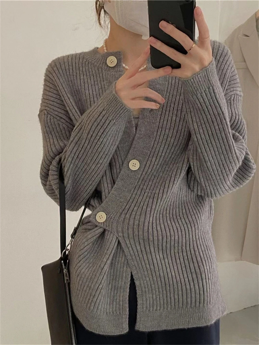 

Tops Women New 2022 Chic Korean Fashion Clothes Autumn Winter Irregular Buttons Female Cardigans Vintage Design Elegant Sweaters
