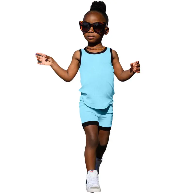 

2023 Girls Summer Clothing Outfit Sets Solid Color Sleeveless T-shirt + Shorts Sport Pants Children Casual Suit Kid Clothing Set