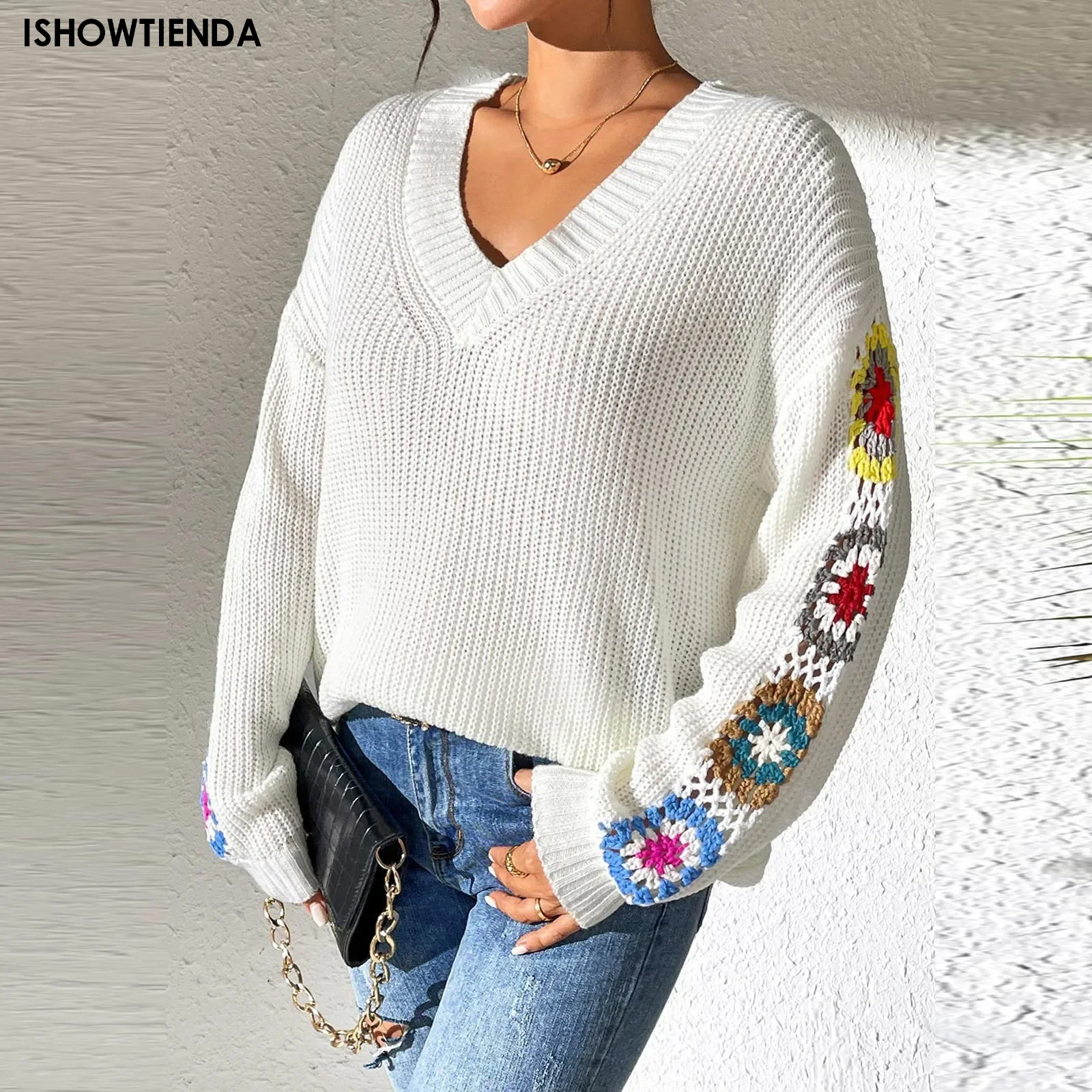 Женский трикотажный пуловер с длинным рукавом V-образным вырезом