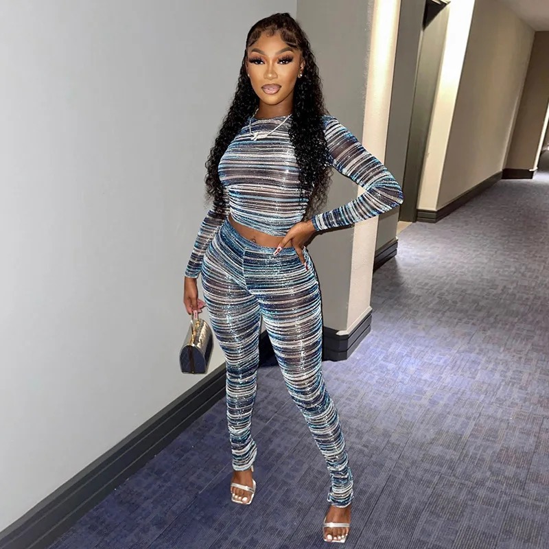 

Aniow Autumn Long Sleeve Striped Print Crop Top pants Set Hot Stamping Short Tshirt Leggings Two Pieces Set Tracksuit Outfits