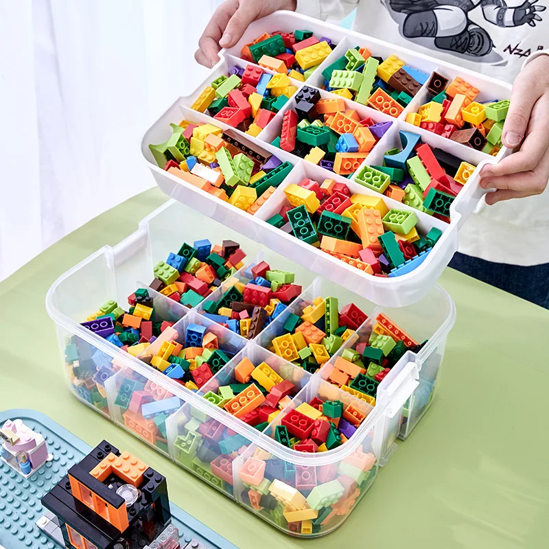 

Kids Building Blocks Storage Box Adjustable Lego-Compatible Storage Container Plastic with Handle Grid 2 Layer Toy Organizer