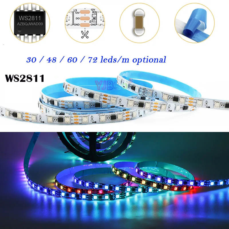 12V 24V 5m Addressable WS2811 LED Strip Light 30/48/60/72 leds/m full color IC pixel Smart SMD 5050 RGB Lamp Tape IP30/65/67