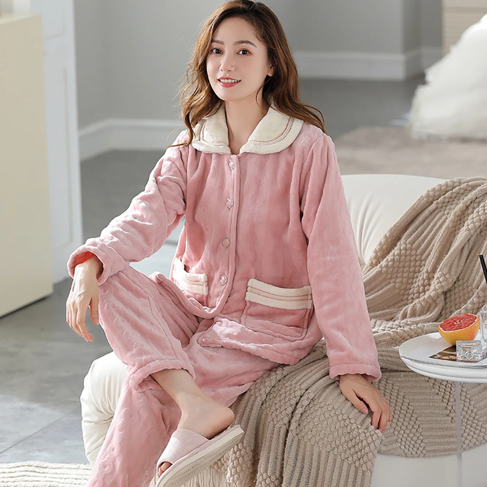 Winter Elegant Embroidery Women's Sets Flannel Home Clothes Christmas Pajamas for Women Sleepwear Suit Female pyjama pour femme