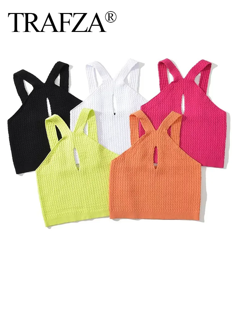 

TRAFZA 2023 Y2k Summer Fashion Women Short Tank Tops Knitted Halter Sleeveless Backless Elastic Sexy Slim Female Vest 5 Colors