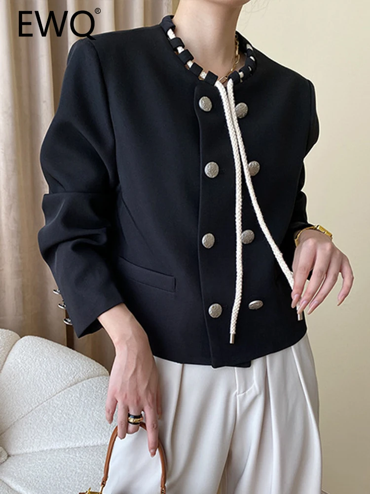 

EWQ Elegant Drawstring Design Jackets For Women Round Neck Long Sleeve Double Breasted Female Tops 2023 Autumn New 26D5569