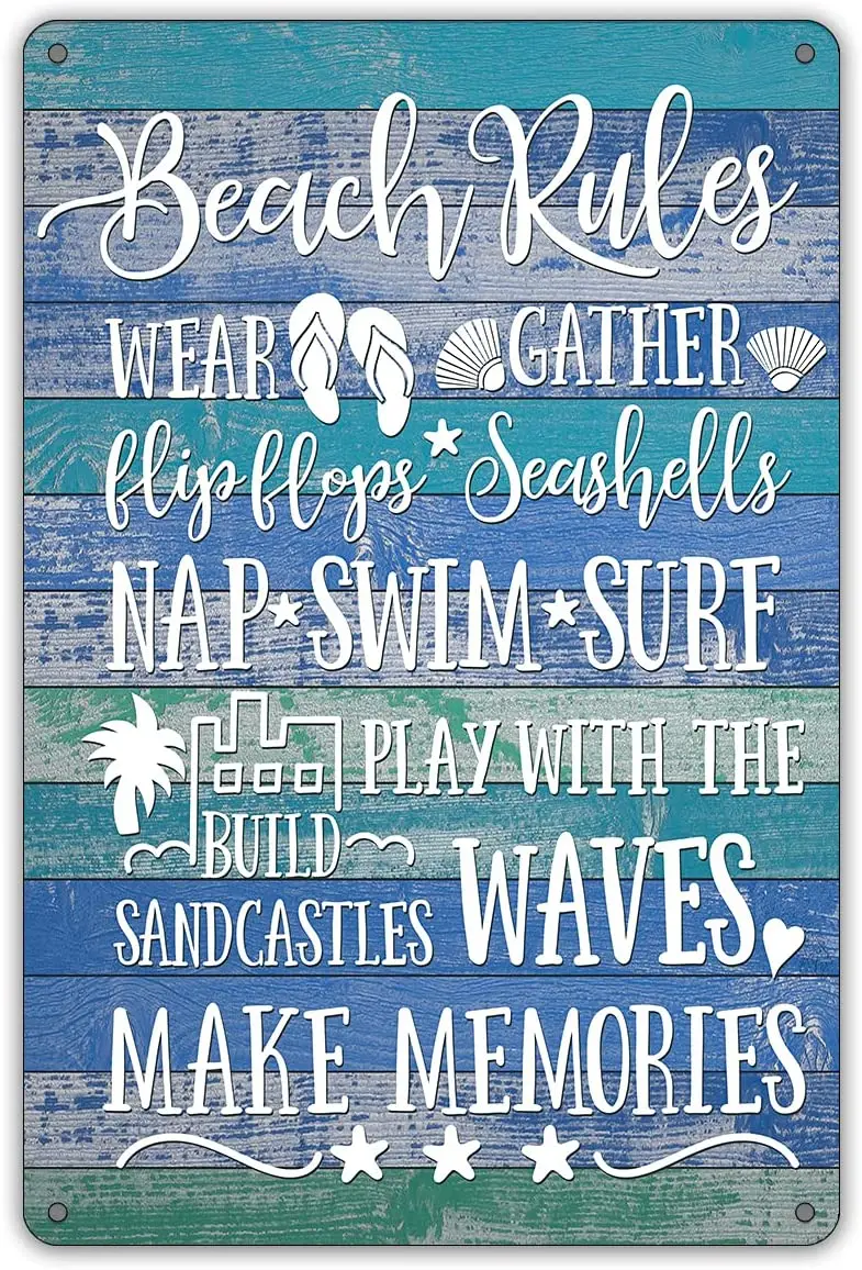 

Funny Beach Rules Metal Tin Sign Wall Décor Farmhouse Rustic Sign for Home Beach House Bathroom Decor(Wooden Style)