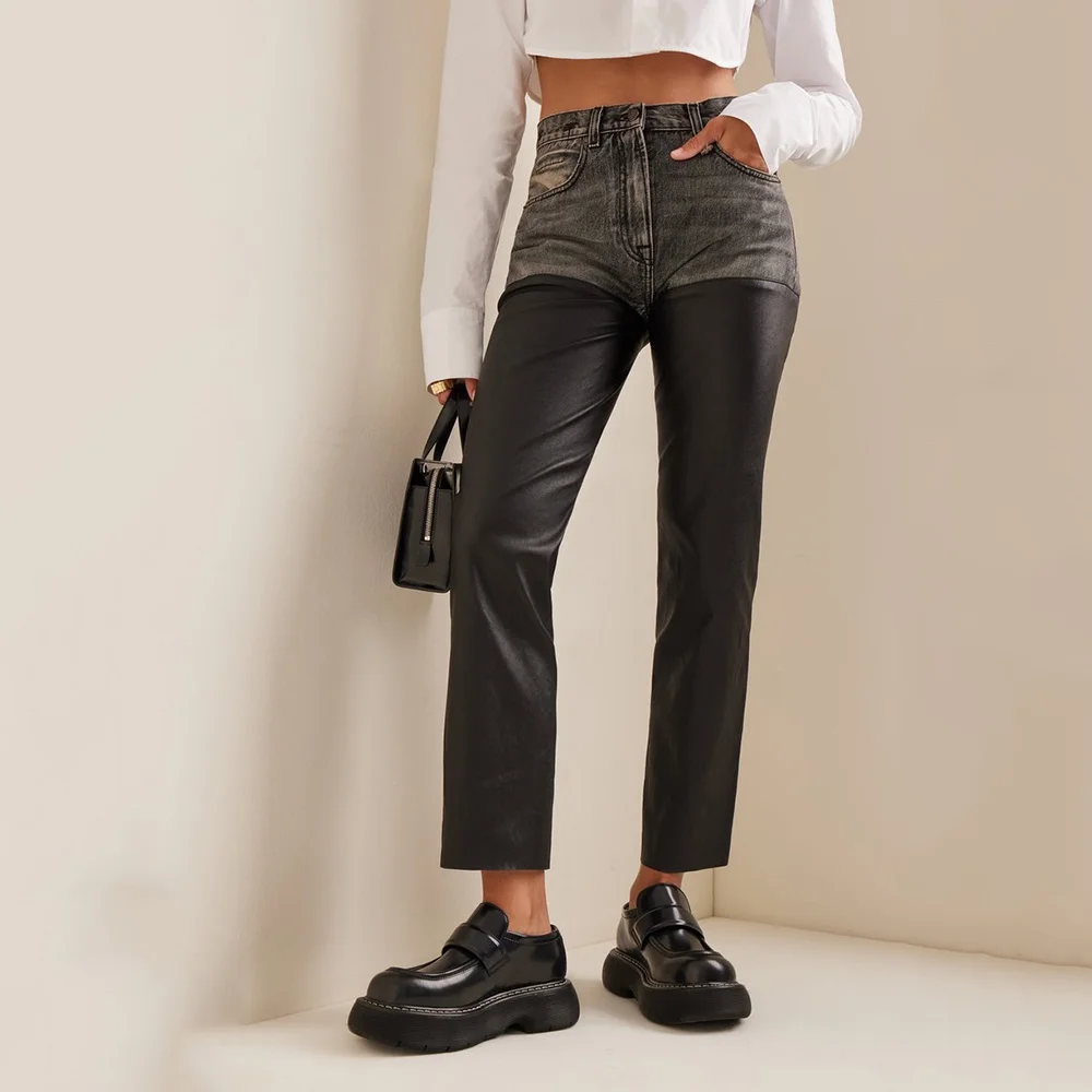 2023 Black Retro PU Leather Stitching Women's Straight Pants Spring Fashion Personality Casual Hundred Matching Jeans Trousers