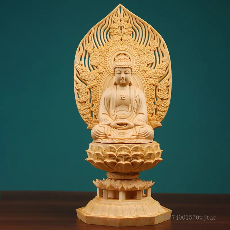 Фото Статуя Будды Fengshui, Декор для дома и офиса, ремесла ручной резьбы по дереву, статуя из искусственного лотоса, украшение №1