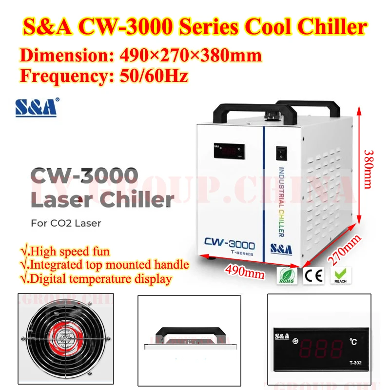 

CW-3000 Cool Chiller for CO2 Laser Engraving Machine Thermolysis Industrial Water Cooler 60W/80W Glass Tube CNC Spindle Cooling