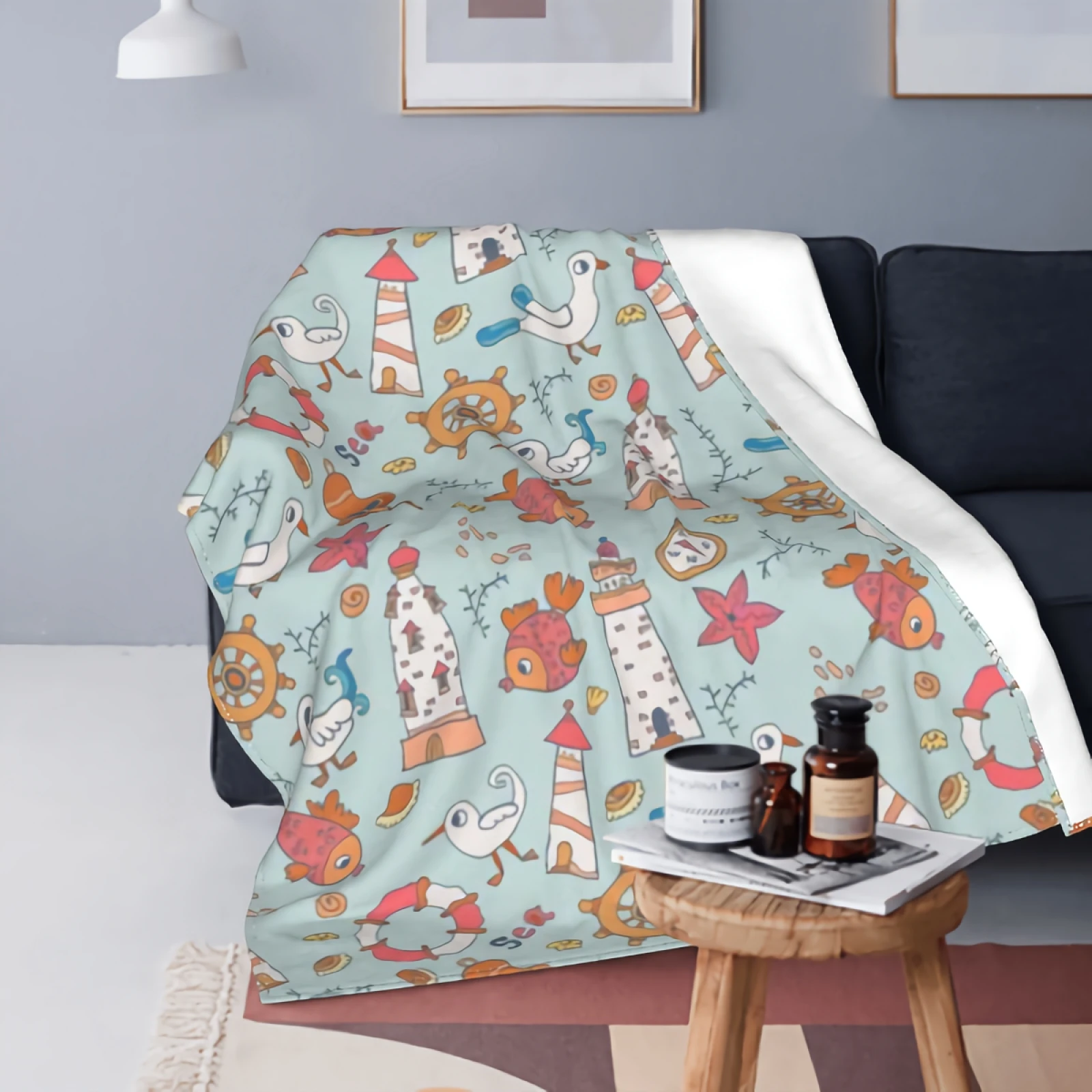 

Sea Pattern With Fish And Marine Life Lightweight Cozy Plush Microfiber Bed Blanket Great Gifts For Adults Children-60"x50"