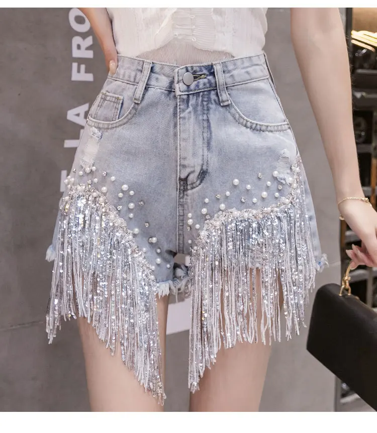 tassel Ripped wide leg A-line jean shorts High-waisted beaded sequins hot pants  y2k  women summer