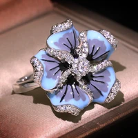 cherry blossoms ring for woman gorgeous blue flower ring fashion jewelry gift enamel ring party evening trendy jewelry