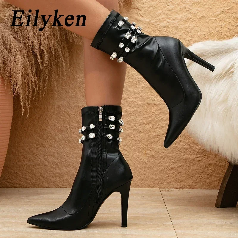

Eilyken/пикантные женские ботильоны с острым носком и стразами; Сезон осень-зима; Модная обувь на тонком высоком каблуке; Ботинки «Челси» на молнии