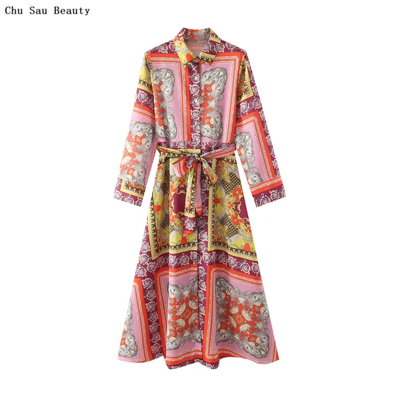 

2022 New Women Positioning Long Pattern Shirt Dress Spring Summer Fashion Retro Lapel Casual Long Sleeve Belted Grace Dress