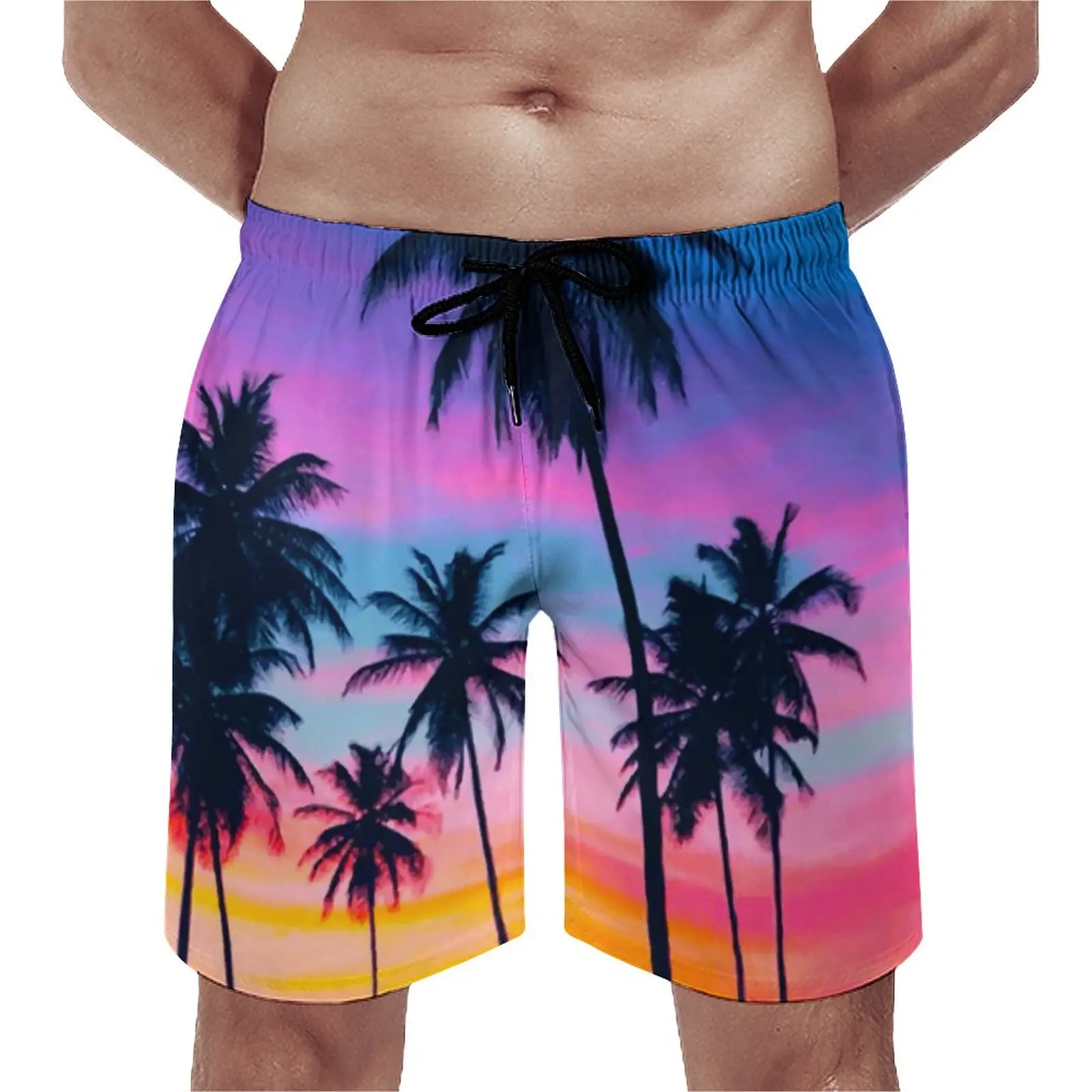

Summer Board Shorts Miami Sunset Sports Palm Trees Print Graphic Beach Shorts Retro Fast Dry Beach Trunks Plus Size