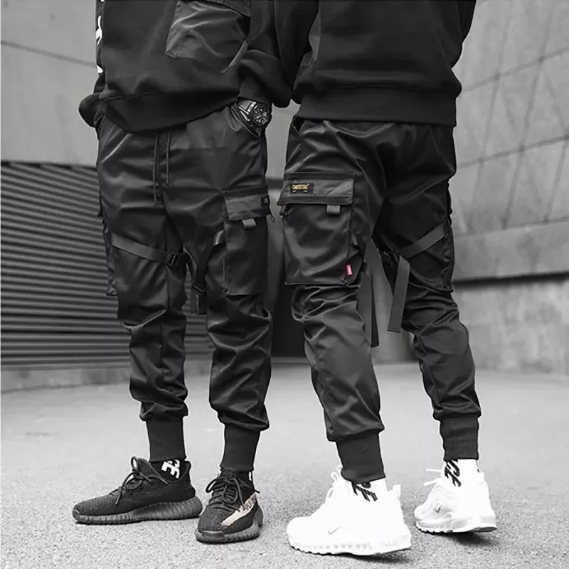 2022New Hop Trousers Men Ribbons Color Block Black Pocket Cargo Pants Harem Joggers Harajuku Sweatpant
