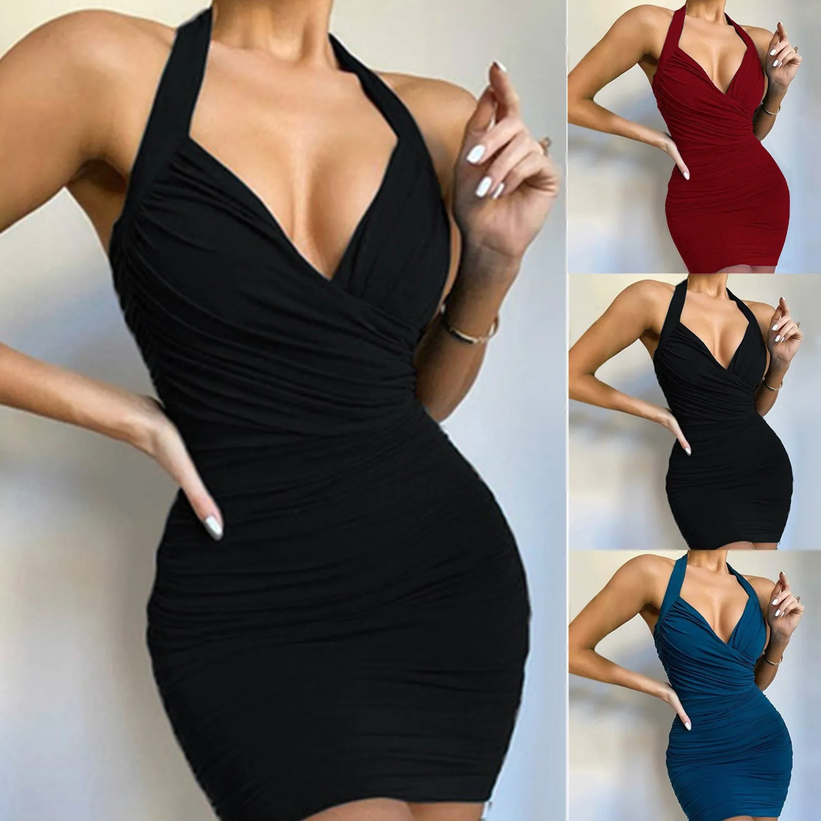 

Back Women Dress Pleated Open Casual Fashion Sleeveless Sexy V-Neck Slim Women's Dress