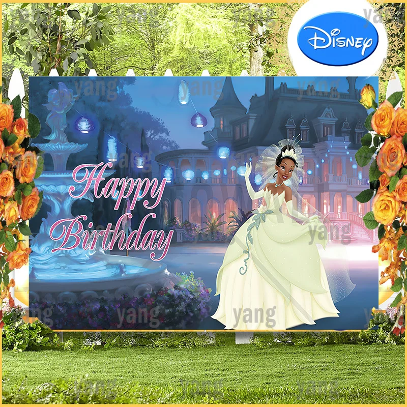 

Luminous Night Castle Happy Birthday Backdrop Baby Shower Disney Girls Princess Tiana and The Frog Party Banner Background