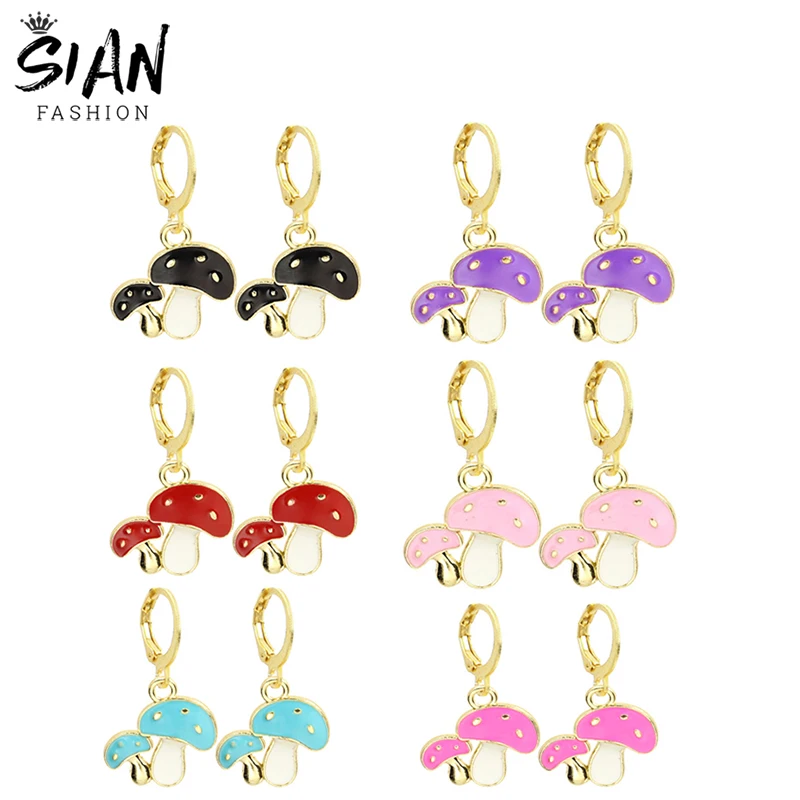 

SIAN Enamel Plant Mushroom Earrings for Women Girls Vintage Small Charm Huggies Pendant Drop Earrings Dangle Handmade Jewelry