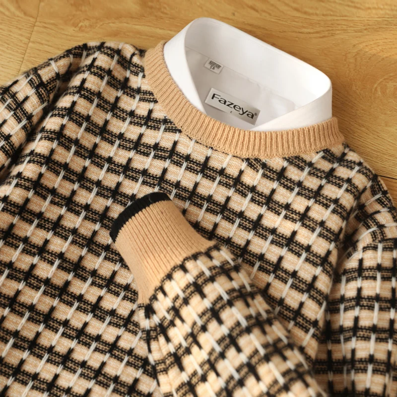 Autumn and Winter Cashmere Sweater Men's Round neck Color Blocking Top 100% Pure Wool Fashion Casual Knitting Thickened Pullover